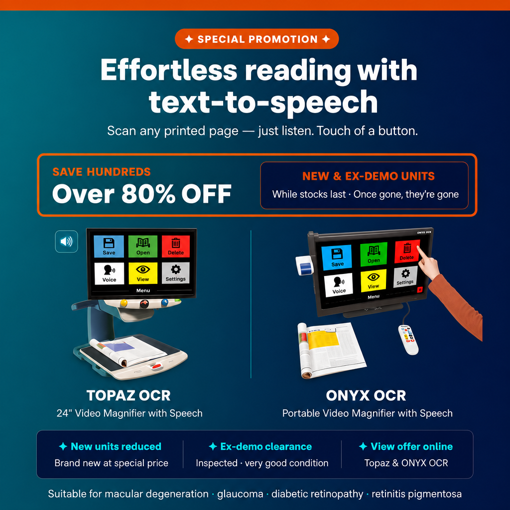 Promotional banner for low vision OCR devices on a deep blue background. Headline reads 'Effortless Reading  with text-to-speech' in bold white and yellow text. Featured products include the TOPAZ OCR desktop magnifier and the ONYX OCR portable camera system. A bottom callout highlights 'Heavily Reduced – New & Ex-Demo Units Available. Over 80% OFF.